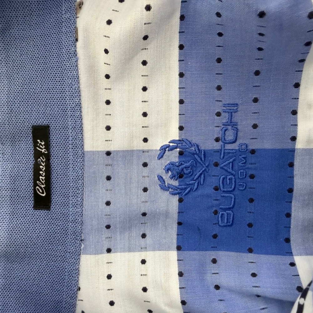 Bugatchi Uomo Mens Blue White Check Dotted Stripe Long Sleeve Button Down Shirt - Picture 9 of 12